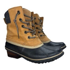 Sorel Waterproof Duck Boots Leather & Rubber Heeled Lace-Up Tan Black Women’s 9